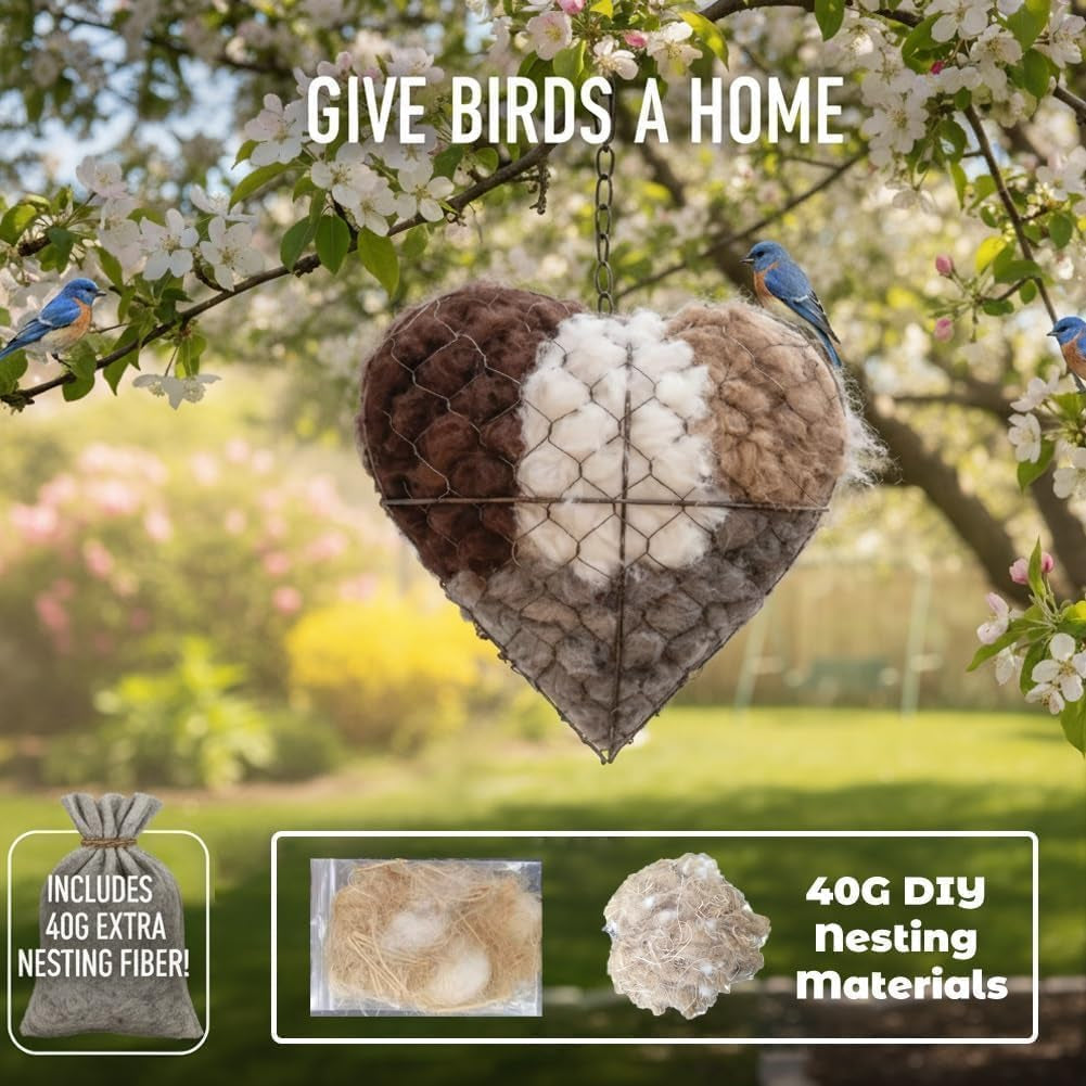 Handmade Alpaca Fiber Bird Nesting Heart, Birds Nests Material Holder, Winter Tree Shelter for Wild Bird, Hummingbird Houses Nest Boxes Gifts for outside Garden Art Birdhouse, Birds Lovers