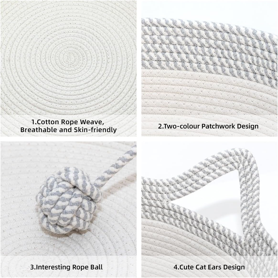 Hand Woven Cat Bed Basket with Toy Tail, Cotton Rope Foldable Sleeping Basket, Kitten Shaped House for Cats, Puppies, Rabbits and Small Pets (Medium, Gray & White)