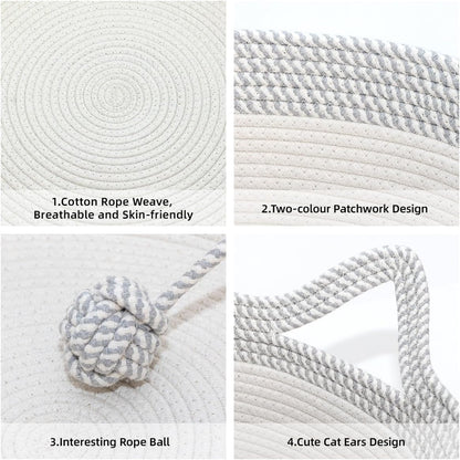 Hand Woven Cat Bed Basket with Toy Tail, Cotton Rope Foldable Sleeping Basket, Kitten Shaped House for Cats, Puppies, Rabbits and Small Pets (Medium, Gray & White)