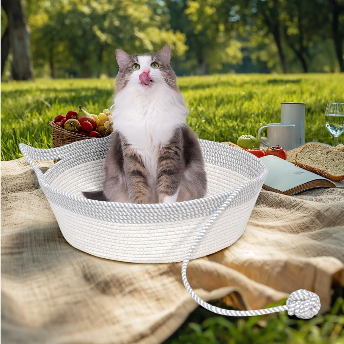 Hand Woven Cat Bed Basket with Toy Tail, Cotton Rope Foldable Sleeping Basket, Kitten Shaped House for Cats, Puppies, Rabbits and Small Pets (Medium, Gray & White)
