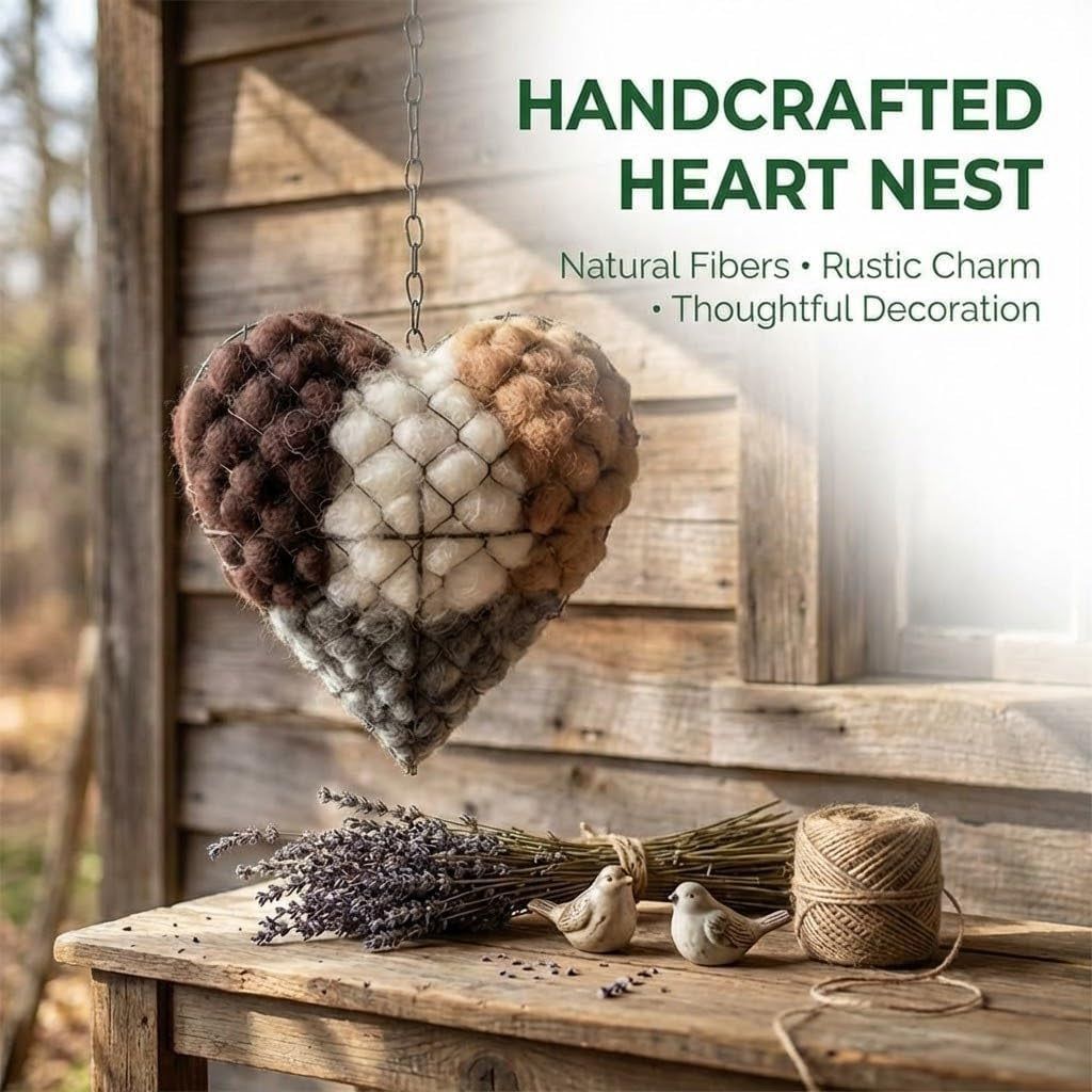 Handmade Alpaca Fiber Bird Nesting Heart, Birds Nests Material Holder, Winter Tree Shelter for Wild Bird, Hummingbird Houses Nest Boxes Gifts for outside Garden Art Birdhouse, Birds Lovers