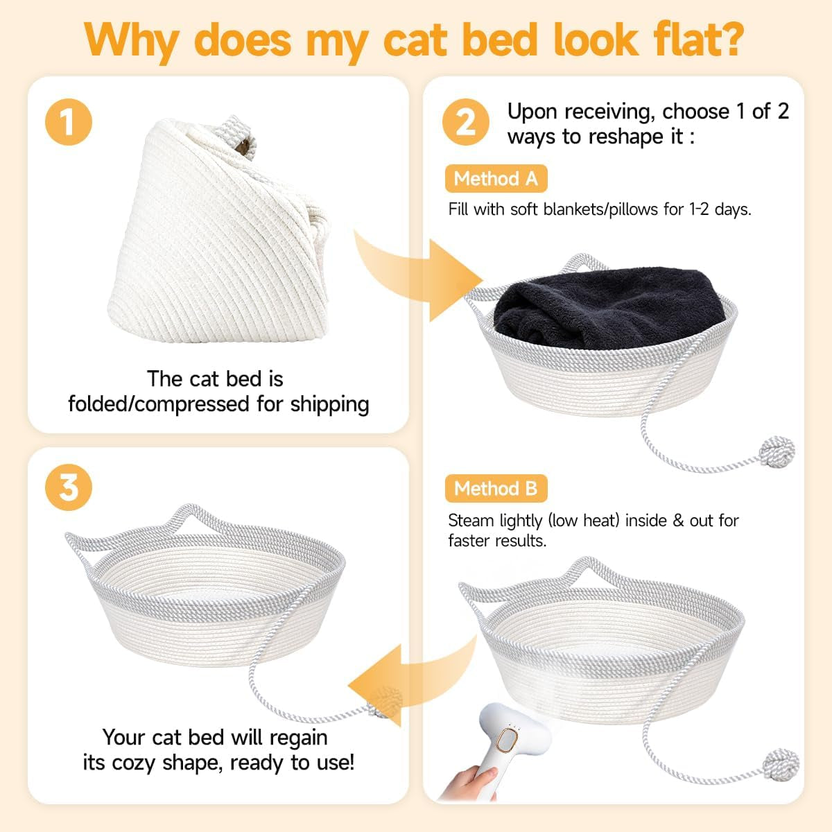 Hand Woven Cat Bed Basket with Toy Tail, Cotton Rope Foldable Sleeping Basket, Kitten Shaped House for Cats, Puppies, Rabbits and Small Pets (Medium, Gray & White)