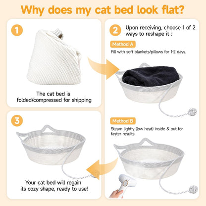 Hand Woven Cat Bed Basket with Toy Tail, Cotton Rope Foldable Sleeping Basket, Kitten Shaped House for Cats, Puppies, Rabbits and Small Pets (Medium, Gray & White)