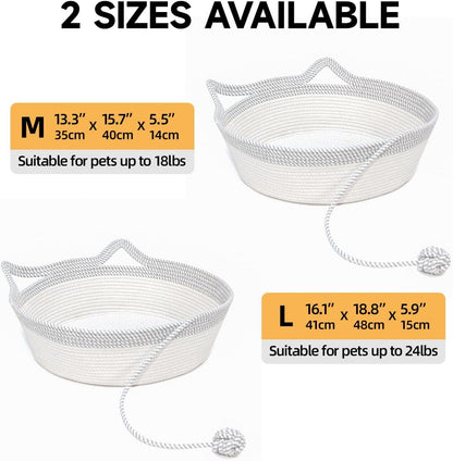 Hand Woven Cat Bed Basket with Toy Tail, Cotton Rope Foldable Sleeping Basket, Kitten Shaped House for Cats, Puppies, Rabbits and Small Pets (Medium, Gray & White)