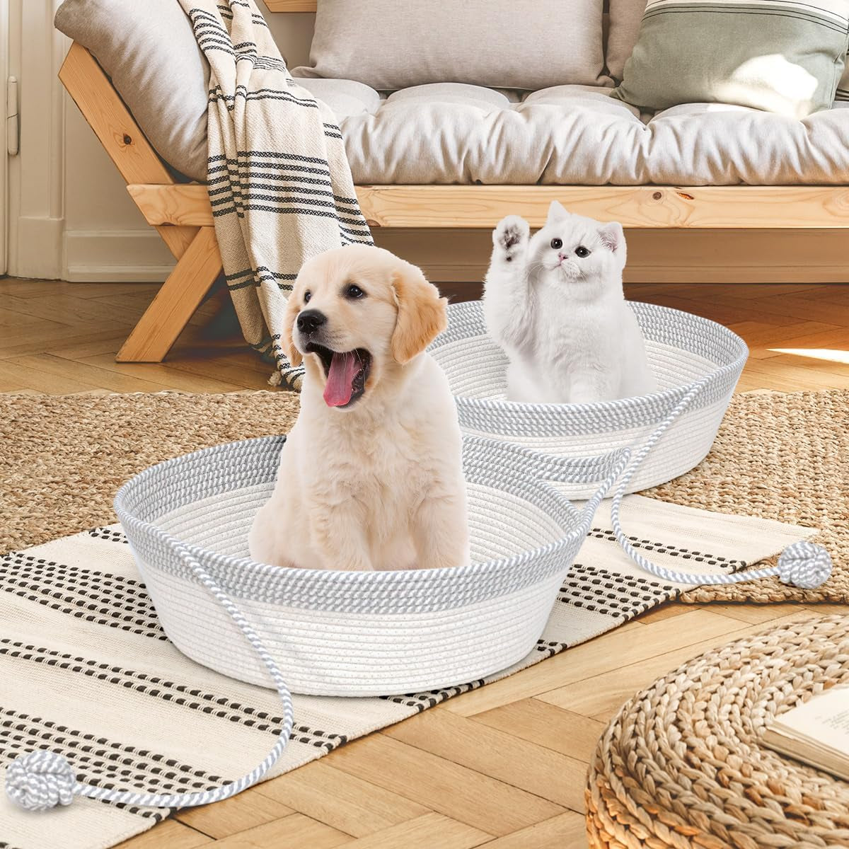 Hand Woven Cat Bed Basket with Toy Tail, Cotton Rope Foldable Sleeping Basket, Kitten Shaped House for Cats, Puppies, Rabbits and Small Pets (Medium, Gray & White)